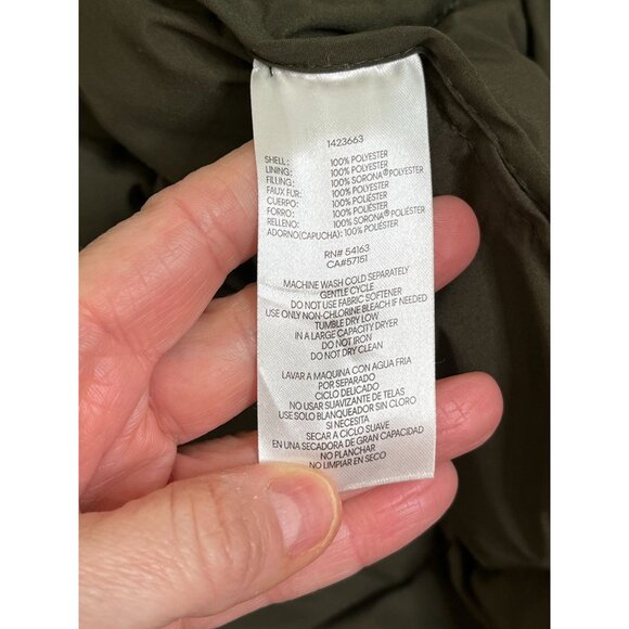 Andrew Marc Olive Green Stretch Puffer Jacket Faux Fur Hood Small - Picture 11 of 12